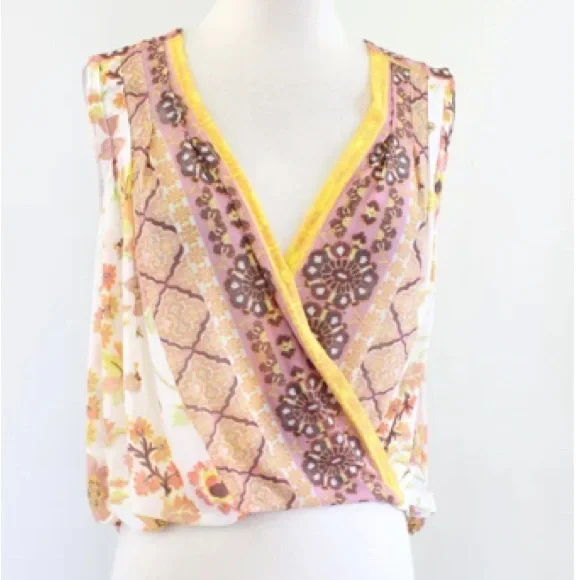 FREE PEOPLE | Floral print havana muscle tank Hi LO draped white yellow - Picture 4 of 16